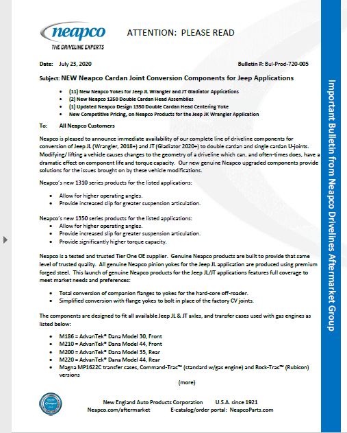 NEW Neapco Cardan Joint Conversion Components for Jeep Applications | Neapco bulletin cover image