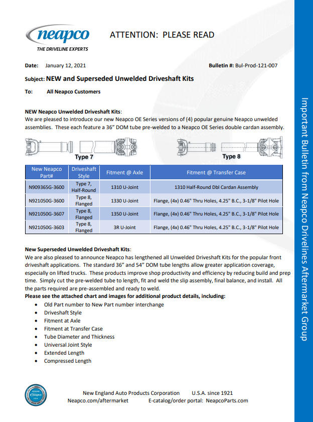 NEW and Superseded Unwelded Driveshaft Kits | Neapco bulletin cover image